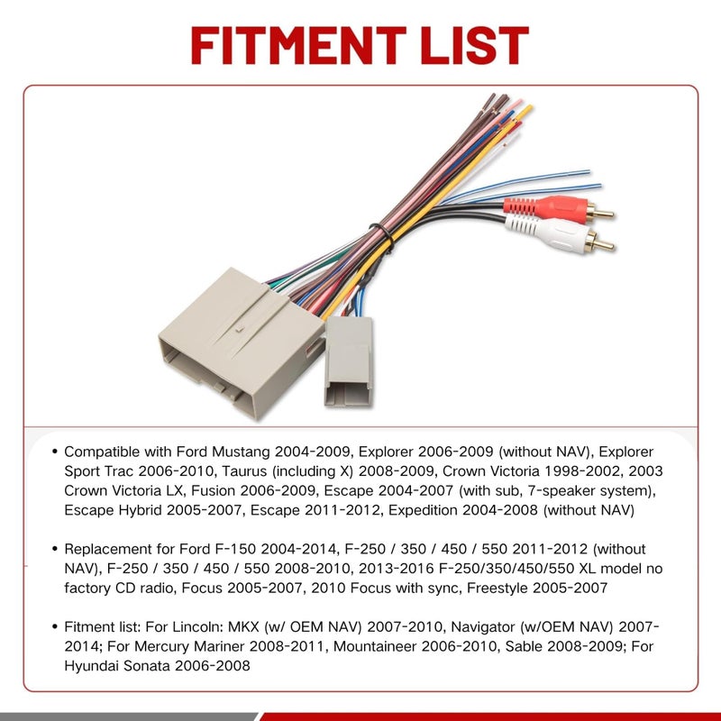 RED WOLF Car Radio Wiring Harness W/Anetnna Adapter RCA Input for Ford Mustang 2004-2009, Hyundai Sonata 2006-2008, Mercury Mariner 2008-2011 Install Aftermarket Stereo CD Player Wire Cable - Image 2